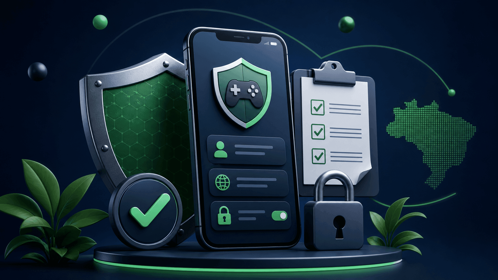Celular, escudo e lista de verificação representando a escolha de uma plataforma segura
